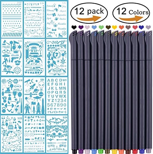 Bullet Journal Stencil and Pens set, 12 pieces DIY Drawing Template 4x7 Inch &amp; 12 color fineliner bullet journal pens for Bullet Journal Planner Note Taking and Coloring Book