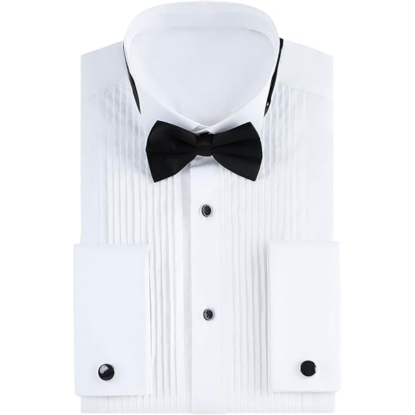 Amazon.com: Men's White Wing Tip Tuxedo Dress Shirt with Pleated Front   Convertible French Cuffs + Black Bow Tie | Formal Tux Shirt for Weddings,  Prom & Black Tie (Small  14/14.5