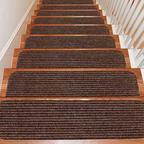 Seloom Stair Treads Carpet Non-Slip with Non Skid Rubber Backing Specialized for Indoor Wooden Steps, Washable Step Rugs Perfect for Dogs(Brown3, 15-Pack, 8 x 30 in)