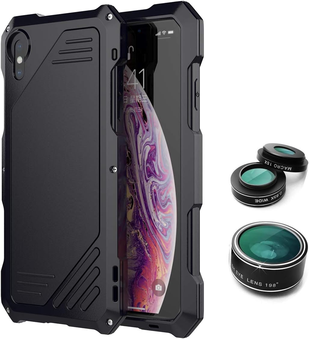 iPhone XR Case,Luxury Zinc Alloy Metal Protective Case with Built-in Gorilla Glass Screen Protector Shockproof Military Bumper Heavy Duty Cover with 3 Lens Kit (Black)