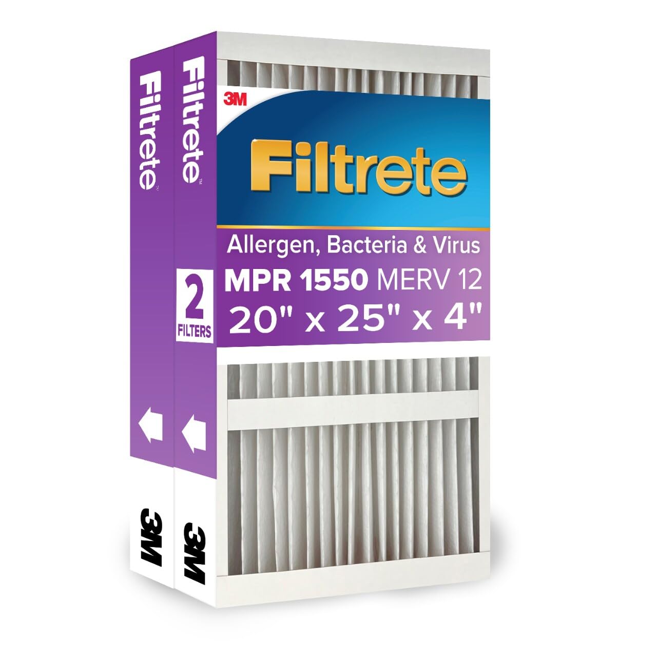 Photo 1 of Filtrete 20x25x4 Air Filter MERV 12, MPR 1550 Certified Asthma & Allergy Friendly 2-Pack, Fits Honeywell & AprilAire, AC Furnace HVAC Filters, Pleated Electrostatic (Actual Size 19.88x24.63x4.31 in)

