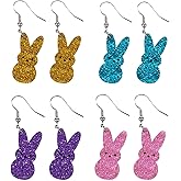Dreuyet 4 Pairs Easter Earrings Rabbit Earrings Bunny Earrings for Women Cute Easter Bunny Dangle Earrings Colorful Glitter Acrylic Rabbit Earrings Spring Earring Easter Party Jewelry