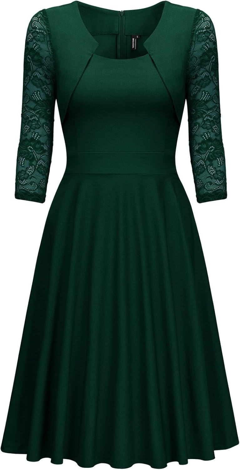 Miusol Women's Vintage Square Neck Floral Lace 2/3 Sleeve Cocktail Swing Dress: Clothing