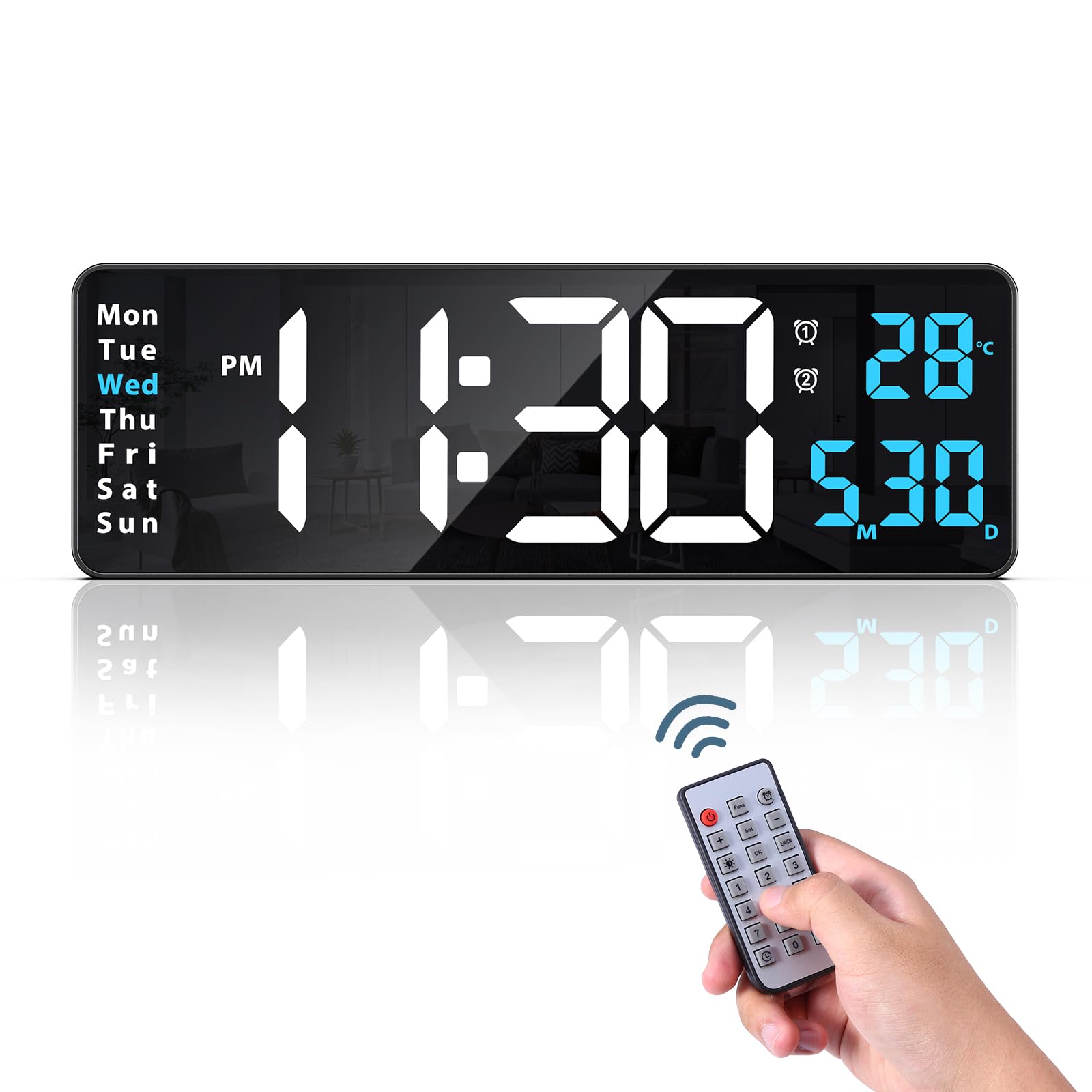 Ankilo 16'' Digital Wall Clock with Remote Control, Large Display Alarm Clock with Big Digits, Auto-Dimming, Timer, DST, Silent Big Desk Clock for Living Room Gym Home