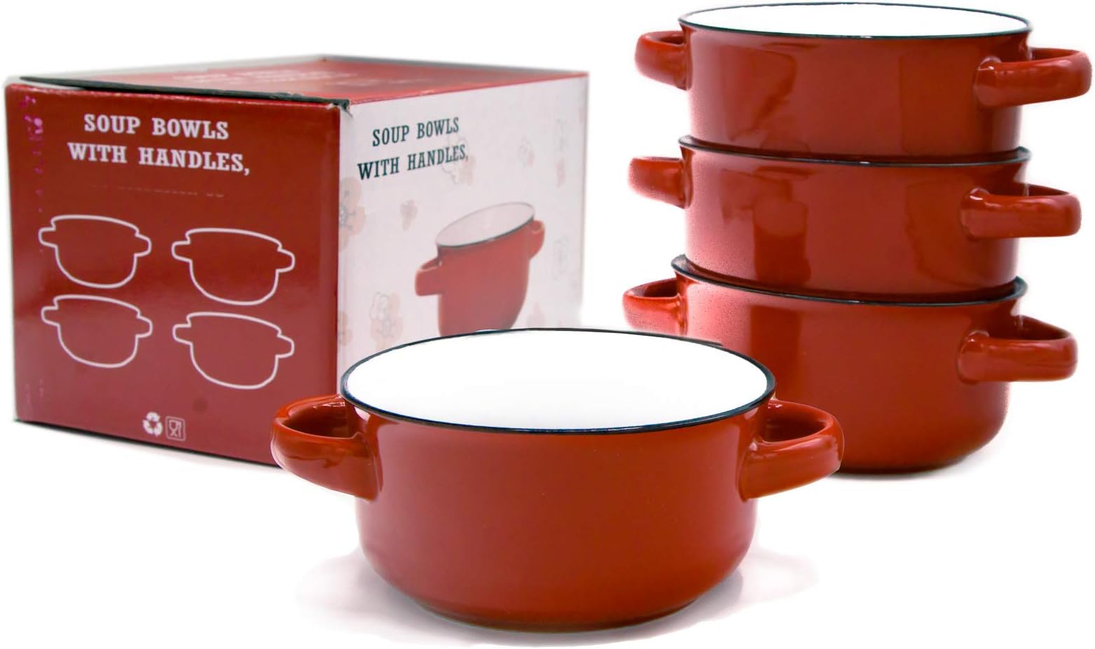 ECODECO Baking Serving Ceramic Red 16 Oz Soup Bowls with Handles - Set of Four - Stoneware Chowder Bisque Pot Pie Crocks