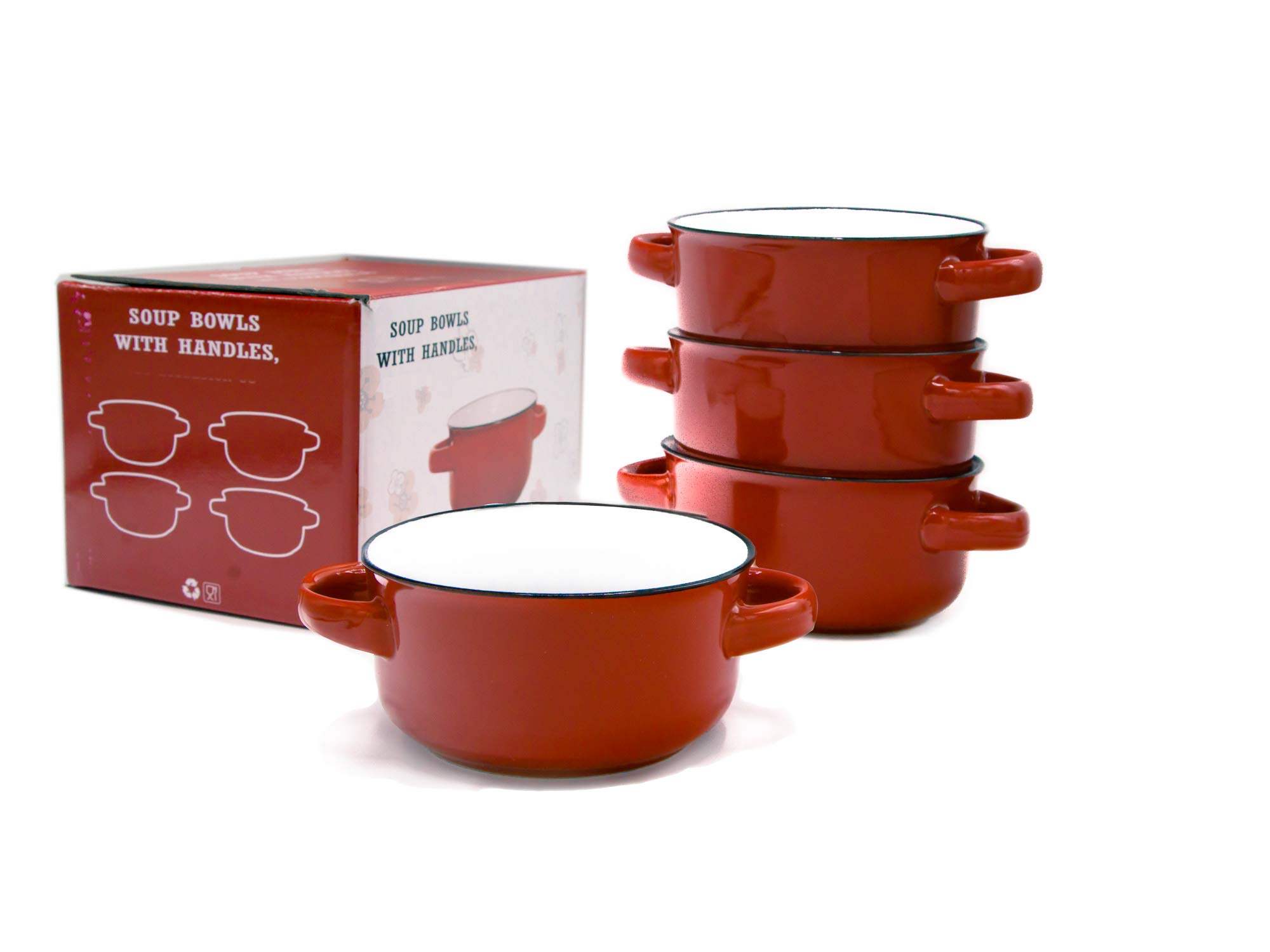 ECODECO Baking Serving Ceramic Red 16 Oz Soup Bowls with Handles - Set of Four - Stoneware Chowder Bisque Pot Pie Crocks