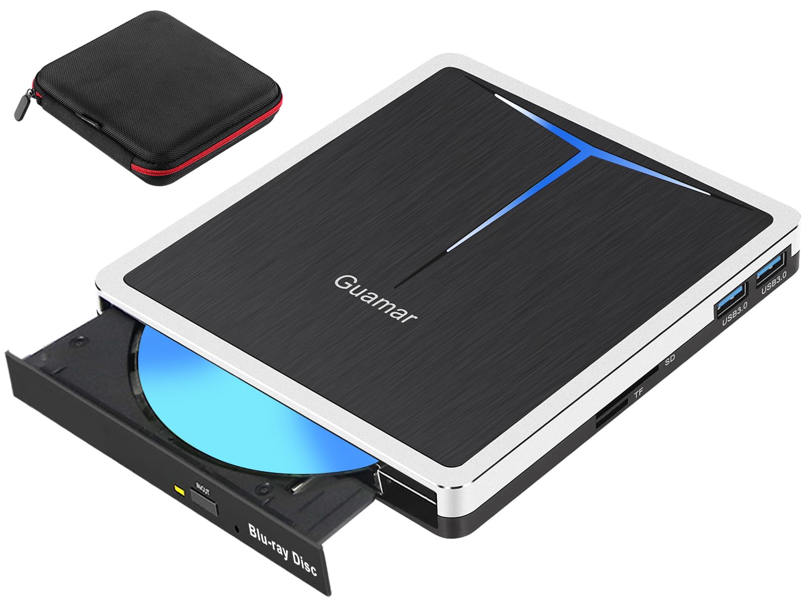 Guamar External Blu Ray Drive: USB 3.0 Type-C Blu Ray Burner with SD/TF Slot/2 USB Ports/Carrying Case - Portable Slim External Blueray/DVD Drive for PC Laptop Mac Windows 11
