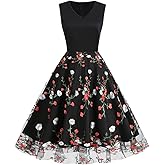 Women's Floral Embroidered Dress 1950s Vintage Sleeveless V Neck Mesh Tulle Cocktail Dresses