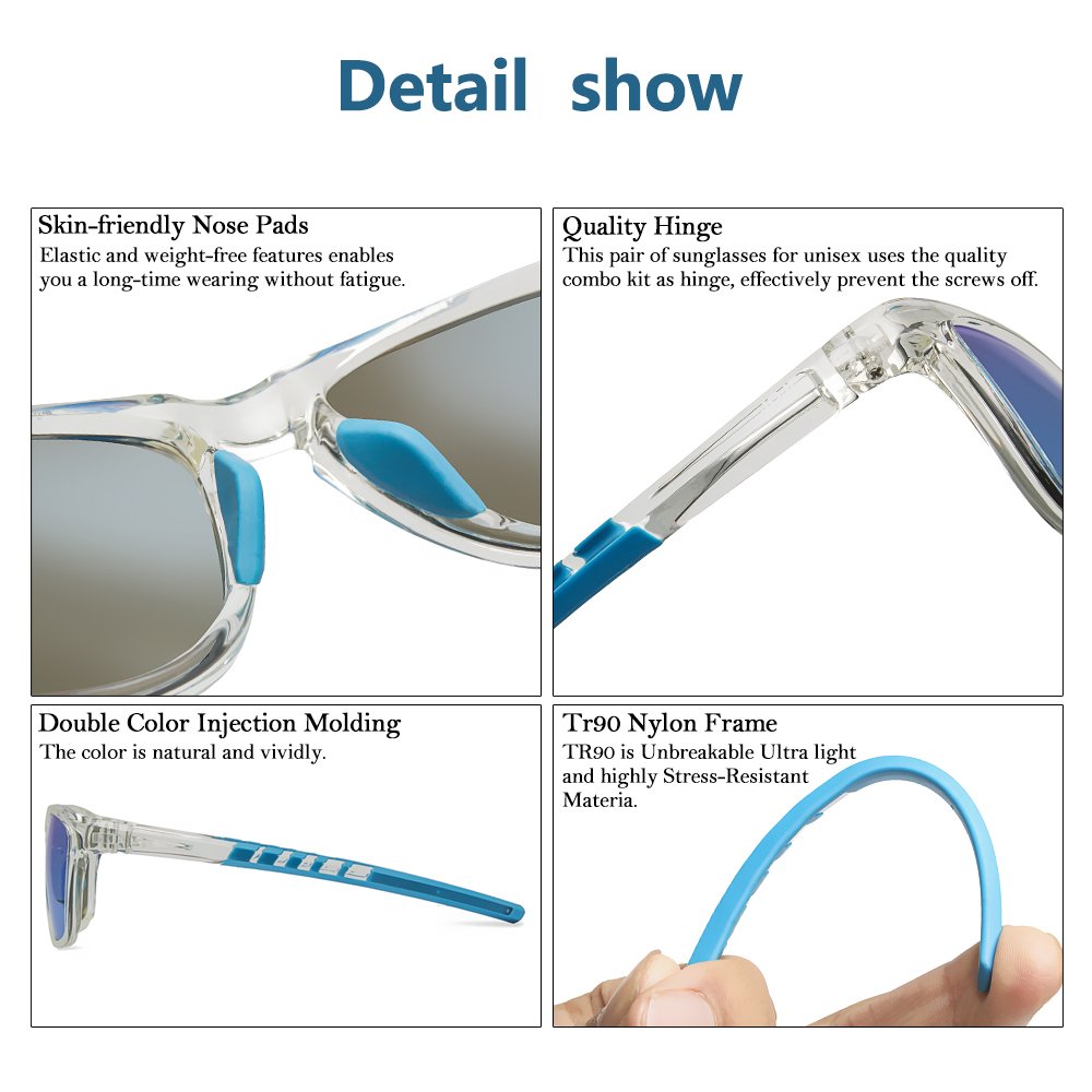 JOJEN Polarized Sports Sunglasses for Men Women Baseball Running Cycling Fishing Golf Tr90 Ultralight Frame JE001(Transparent Frame Blue Revo Lens)