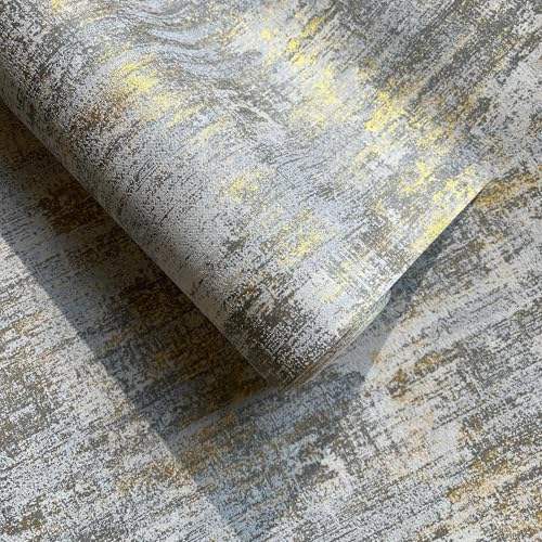 Textured Wallpaper, Distressed Concrete Adhesive Wallpaper, 44cm x 300cm, White Gold Gray Metallic Non-Woven Wall Paper, Modern Neutral Design for Bedroom and Home Decor