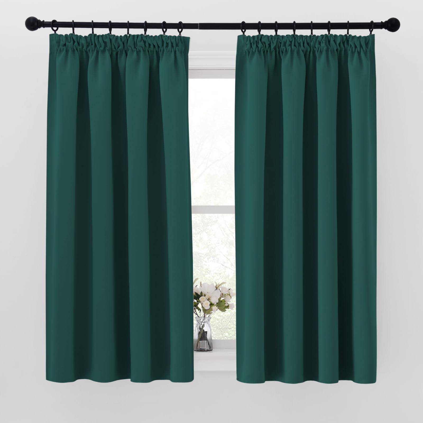 PONY DANCE Dark Green Thermal Blackout Curtains 54 Inch Drop for Bedroom, Living Room Blackout Pleat Curtains with Hooks for Track Short Curtains for Window Treatment, W46 X L54, Dark Green