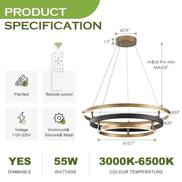 BENKUT MODERN LED CHANDELIER BLACK GOLD DIMMABLE 3 RING PENDANT LIGHT FOR DINING ROOM, KITCHEN CHANDELIER CIRCULAR WITH REMOTE CONTROL FLUSH MOUNT HIGH CEILING LIGHT FOR LIVING ROOM, 3000K-6500K
