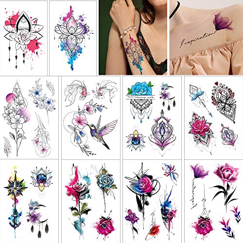 Glaryyears Watercolor Flowers Temporary Tattoo for Women Girls, Long