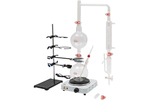 KONKENIE 110V 1000W Essential Oil Separator Steam Water Distiller Purifier Lab Glass Distillation Kit Oil Distillation Apparatus with Condenser+Hot Stove (1000ML)