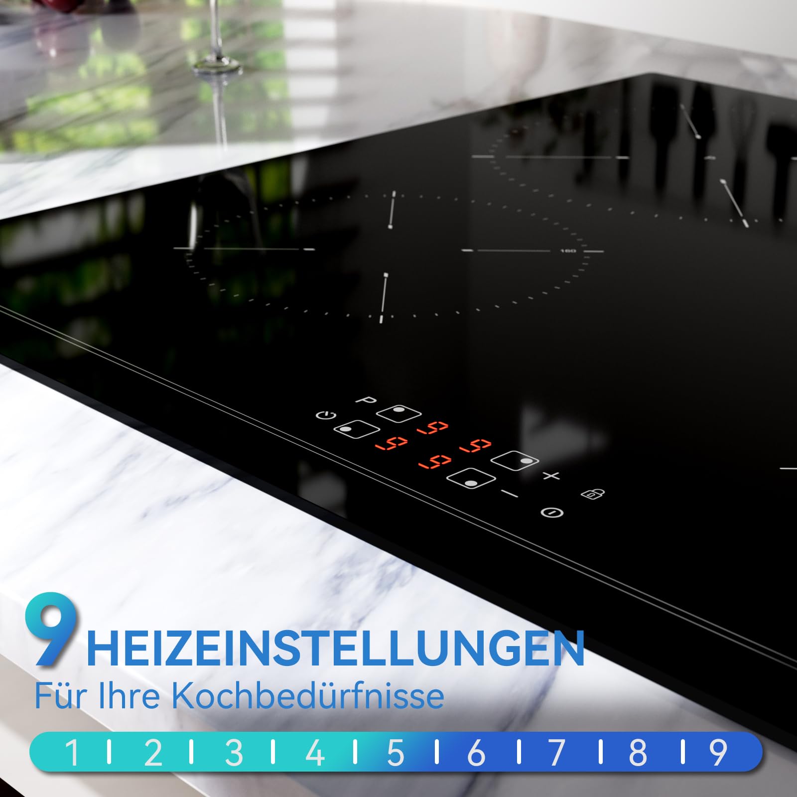 Hermitlux Induktionskochfeld 60cm, Einbau Kochfeld 4 Zonen mit Booster, 9 Leistungsstufen, Touch-Bedienung, Kindersicherung und Timer, 7200W 5