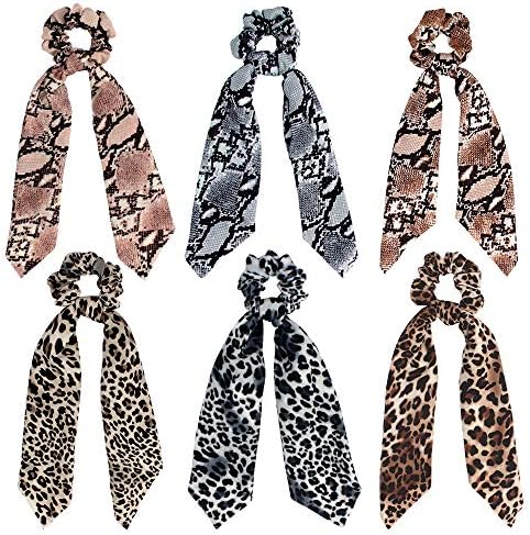 Jaciya 6 Pack Hair Elastics Leopard Scrunchies Chiffon Hair Scrunchies Hair Bow Chiffon Ponytail Holder Bobbles Soft Elegant Elastic Hair Bands Hair Ties, 6 Colors (6 Pack Leopard Scrunchies)