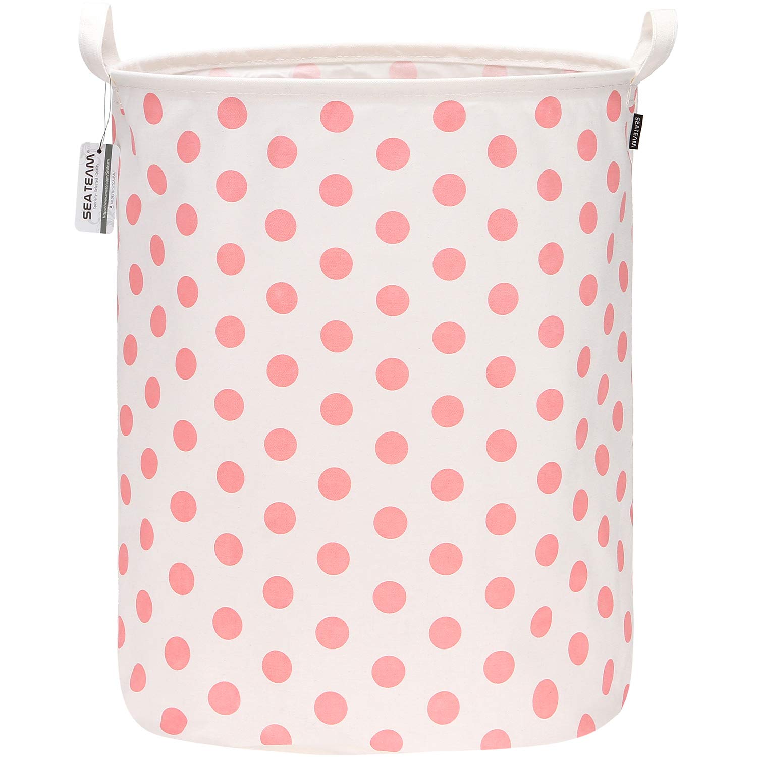 Sea Team 19.7 Inch Large Sized Waterproof Coating Ramie Cotton Fabric Folding Laundry Hamper Bucket Cylindric Burlap Canvas Storage Basket with Stylish Pink Dot Design