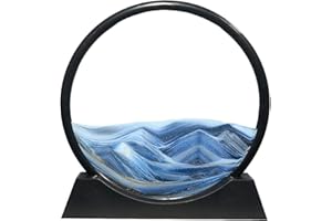 Aoderun Moving Sand Art Picture Round Glass 3D Deep Sea Sandscape in Motion Display Flowing Sand Frame Relaxing Desktop Home Office Work Decor (7", Blue)