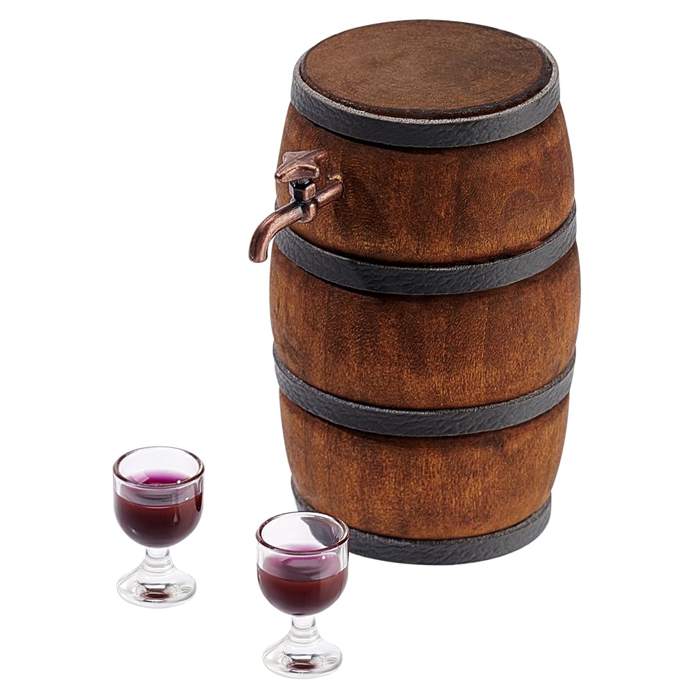 AHANDMAKER Miniature Wooden Beer Barrel Mini House Drink Accessories Figurine Wine Barrel Model with Faucet and Wine Glass Miniature Drink Bottles Pub Bar Accessories