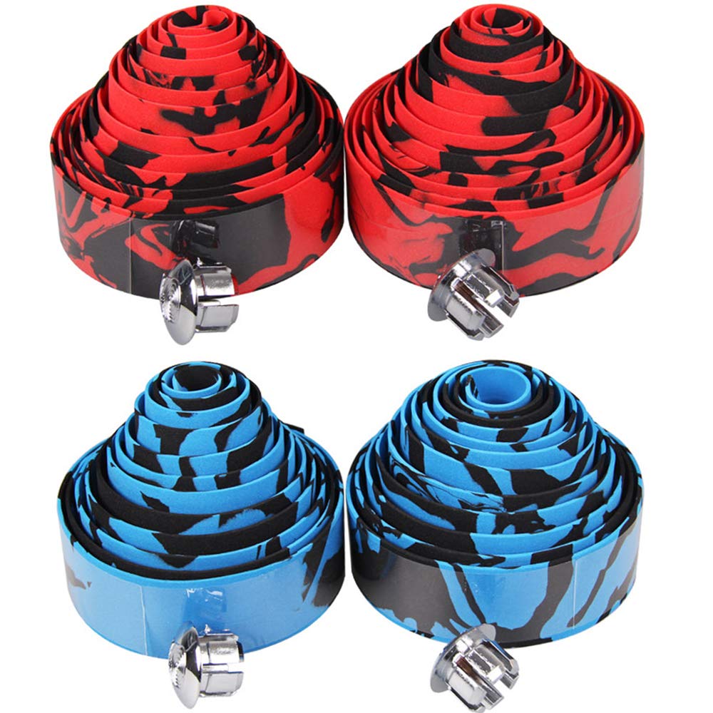 4 Pieces Bicycle Anti-Slip Handlebar Belt,Camouflage Series Bicycle Handlebar Straps,Foam Handle Strap,Cycling Road Bike Bicycle Handlebar Grip Tape with 4 Plugs,Red and Blue