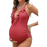 CUPSHE Maternity One Piece Swimsuit V Neck Pregnancy Bathing Suit for Women Ruffled Cutout Ruched Halter Straps