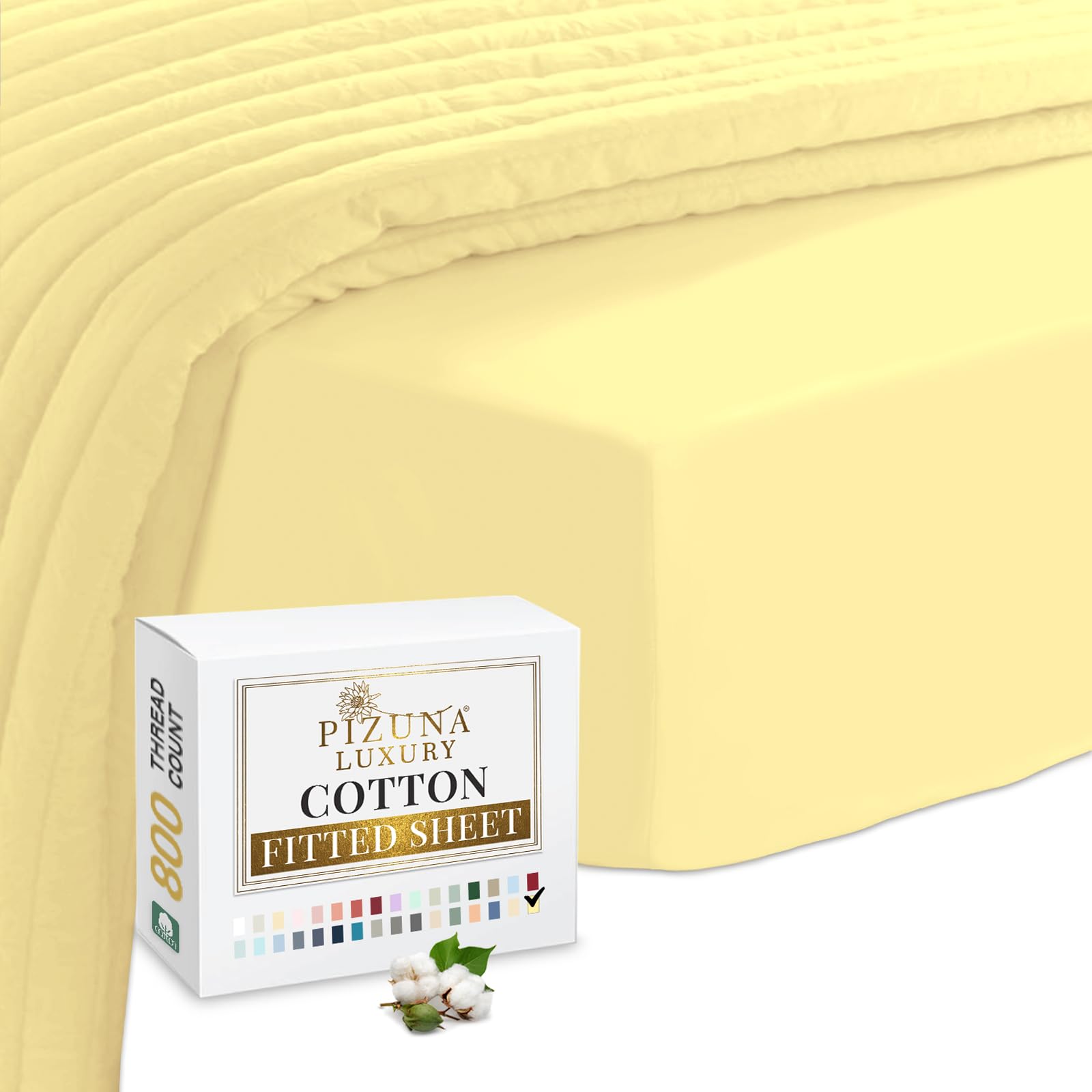 Pizuna Luxury Cotton Super King Fitted Sheet Mellow Yellow, 800 Thread Count 100% Long Staple Cotton Fitted Sheet 180x200 cm, Sateen Weave Superking Fitted Sheet Extra Deep 40 cm Fit - 1 PC