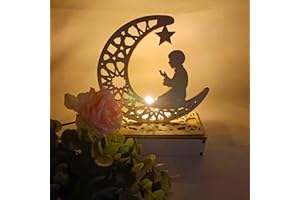 KYMY Ramadan Eid Crafts Night Light, Moon Star LED Wooden Lights for Eid Mubarak Decorations, Muslim Night Light Lantern Crafts Ornaments
