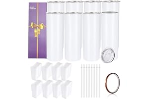 YOUKE OLA 8 Pack Sublimation Tumblers Bulk 20oz White Straight Blank Tumbler for Heat Transfer, Individual Gift Boxed, Stainless Steel Double Wall Insulated Cup with Shrink Wrap Sleeve, Heat Tape