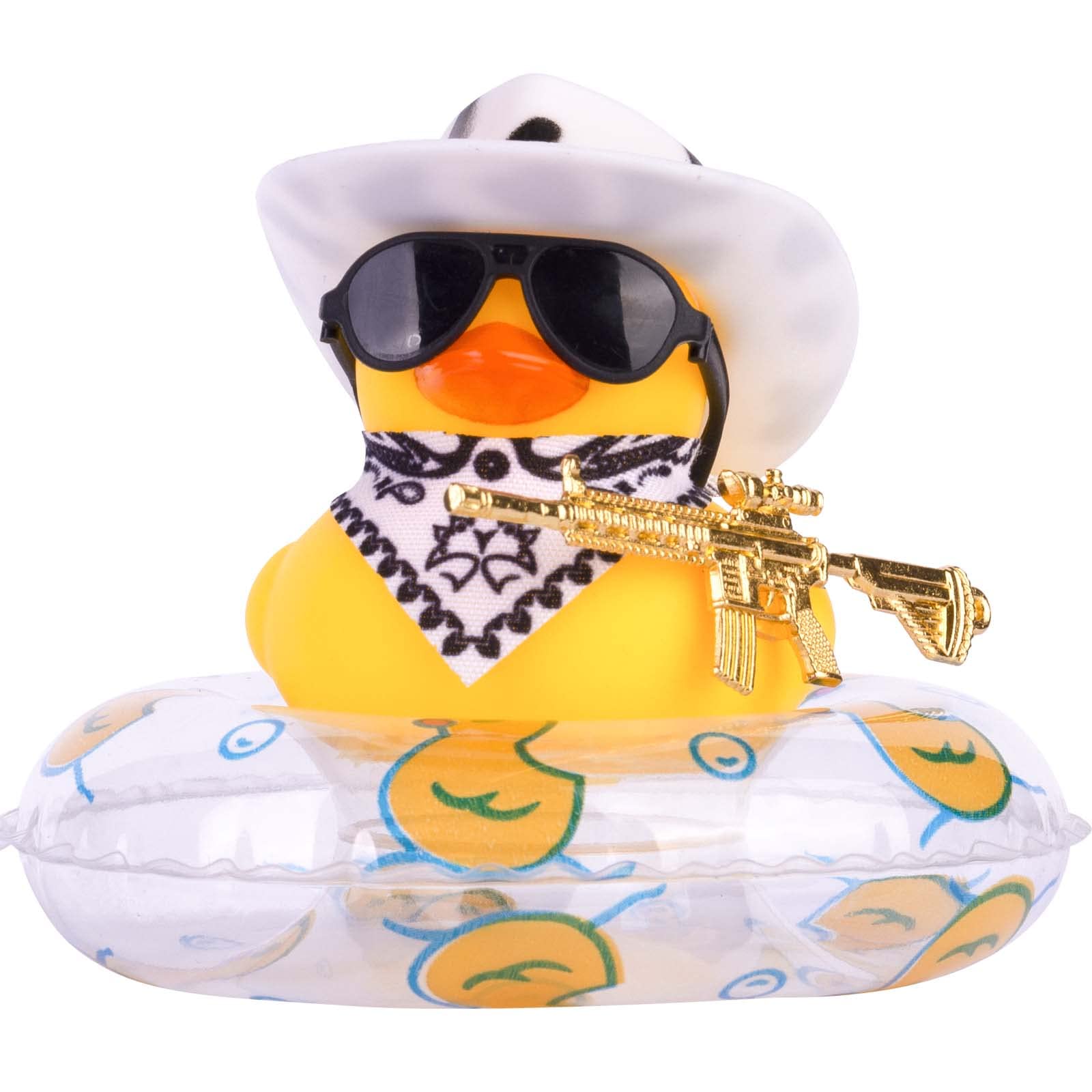 MuMyer Cowboy Duck Figurine with Sunglasses, Hat, Scarf & Swim Ring - Yellow PVC Car Dashboard Decoration