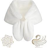 Geyoga Faux Fur Shawl Wrap Stole Shrug Winter Bridal Wedding Scarf Wrap with Faux Pearl Rhinestone Brooches for Women 1920s