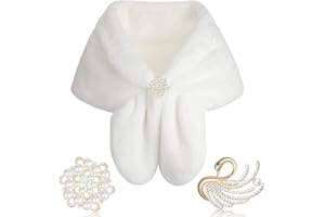Geyoga Faux Fur Shawl Wrap Stole Shrug Winter Bridal Wedding Scarf Wrap with Faux Pearl Rhinestone Brooches for Women 1920s