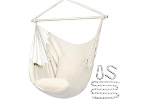 Y- STOP Hammock Chair Hanging Rope Swing Chair, Max 500 Lbs, 2 Seat Cushions Included, Removable Steel Spreader Bar with Anti-Slip Rings for Indoor or Outdoor(Beige)