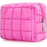 E-Tree Cute Makeup Bag,Quilted Cosmetic Bag,Make up Pouch for Purse,Toiletry Zipper Pouch,Checkered Bag,Travel Case,Storage Pouches for Organization (Hot Pink)