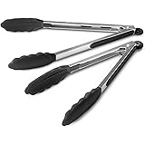 MEKBOK Kitchen Tongs Set - Salad & Grill Stainless Steel Serving Tongs with Silicone Tips - 9"&12" (Black)