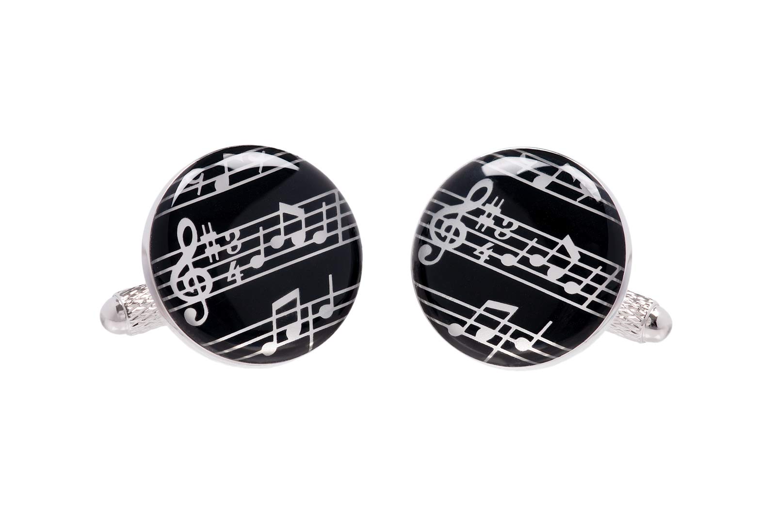 Music Note Cufflinks - A Pair of Black Round Shirt Cufflinks with Musical Notes Presented in Cufflink Gift Box