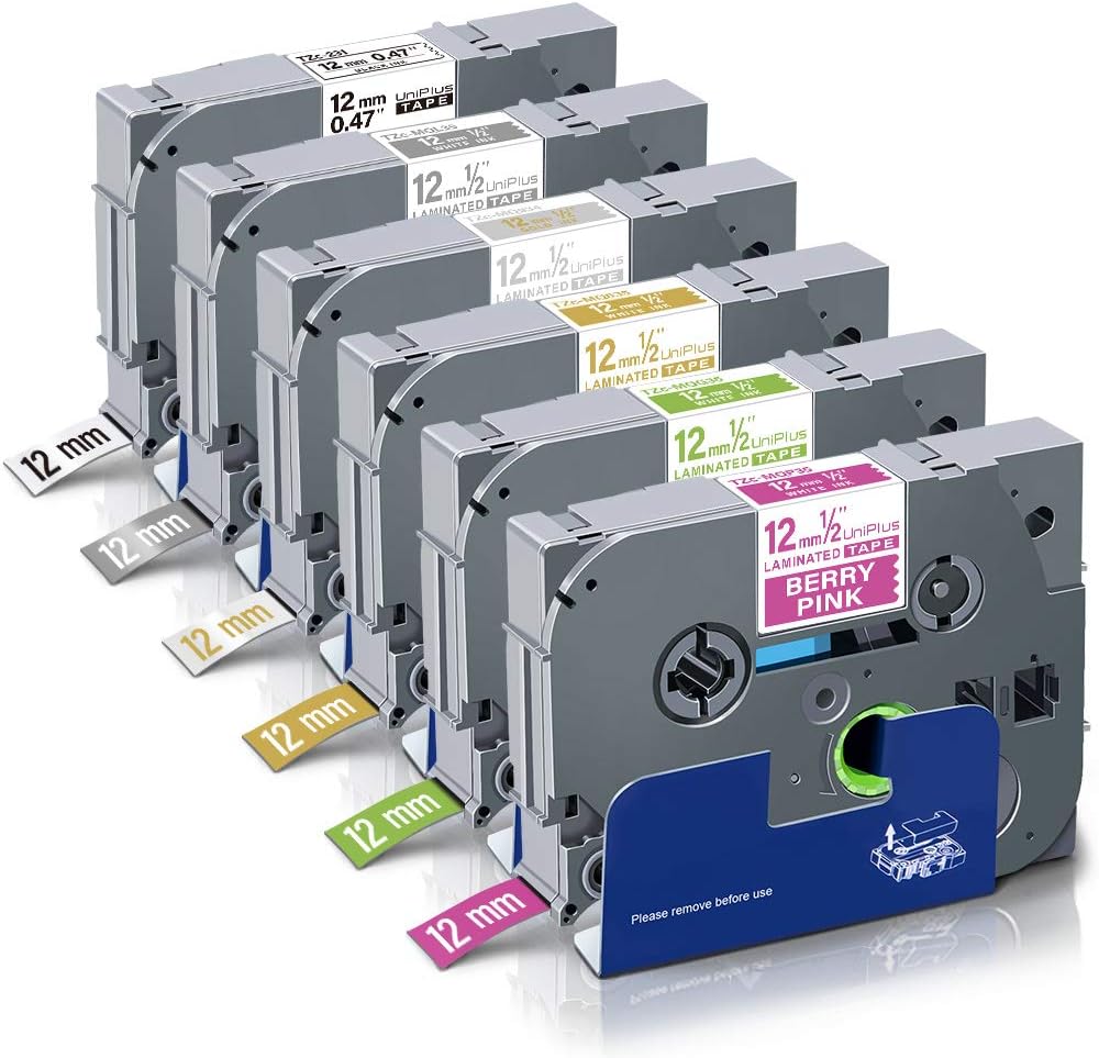 UniPlus Compatible Label Tape Replacement for Brother Tze Tz Tape Tze-231 TZe-MQP35 TZe-MQG35 TZe-MQ835 TZe-MQ934 TZe-MQL35 12mm for PT-1000 PT-1010 PT-D600VP PT-H105 PT-P700 PT-D210, 6-Pack