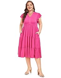 Moon Wood Womens Plus Size V Neck Ruffle Midi Dress
