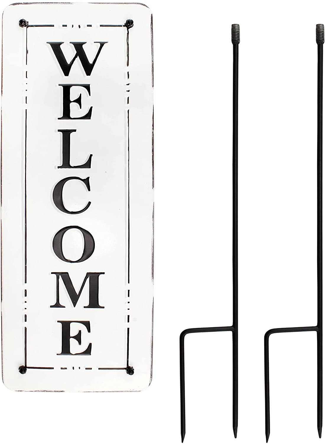 Photo 1 of AuldHome Design Metal Outdoor Welcome Sign; Black and White Enamel Coated Steel Yard Sign