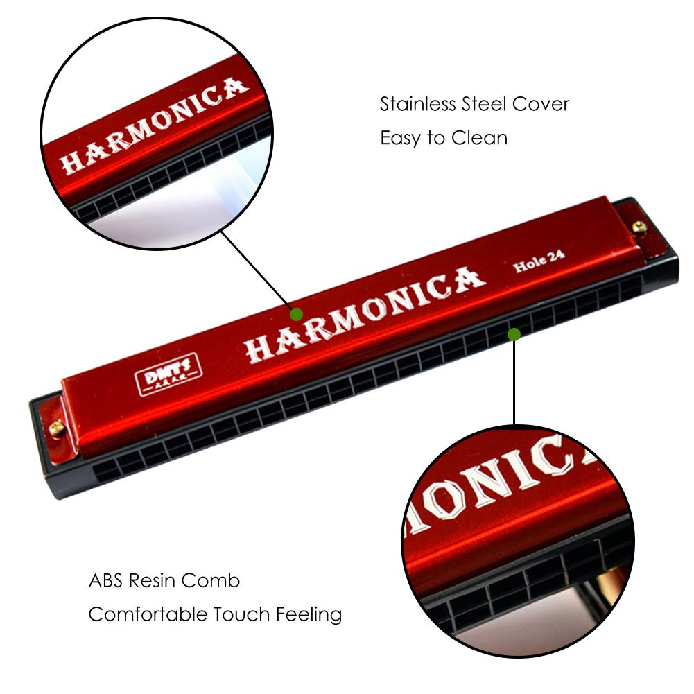 24 Holes Harmonica with Case Diatonic Bules Children Harmonica (Red)