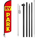 Tudomro 1 Set 15 FT RV Park Windless Feather Flag Kit - RV Parking Swooper Flag Banner Sign with Fiberglass Pole and Steel Ground Spike for Outdoor Campgrounds Parking Areas