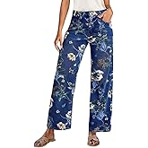 yoeasy Women's Straight Leg Jeans High Rise Vintage Floral Printed Wide Leg Trendy Stretchy Baggy Casual Denim Pants