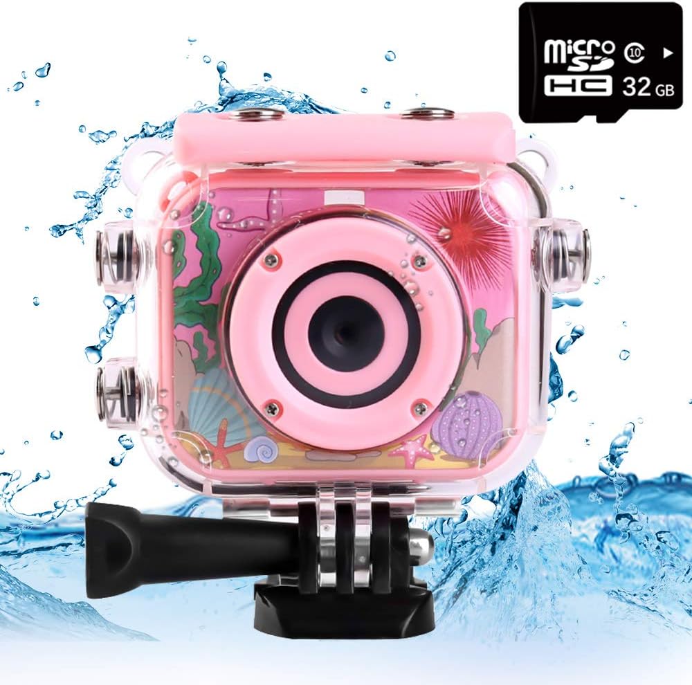 Kids Underwater Camera for 4-12 Years Old Action Camera Kids Mini Child Camcorder with 2-inch LCD Screen Waterproof Case Design Christmas Birthday Festival Gift, Pink(32G SD Card Included)