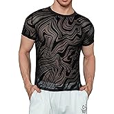 WDIRARA Men's Floral Print See Through Round Neck Short Sleeve Mesh Tshirt Party Top