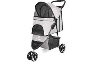 RULTYN 3 Wheel Pet Stroller with Storage Basket and Cup Holder for Small and Medium Cats, Dogs Travel Folding Carrier Stroller (Gray)