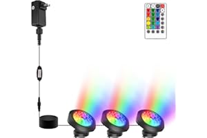 CREPOW RGBW Pond Lights with Timer, 18 LED Super Bright Underwater Submersible Fountain Lights Color Changing Spotlights, Remote Control IP68 Waterproof for Fish Aquarium Tank Garden Pool (Set of 3)