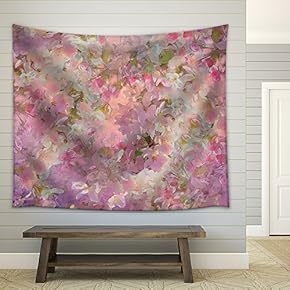 Seamless Pattern with Spring Cherry Blossom. Painting Style Floral Art - Fabric Wall Tapestry Home Decor - 51x60 inches