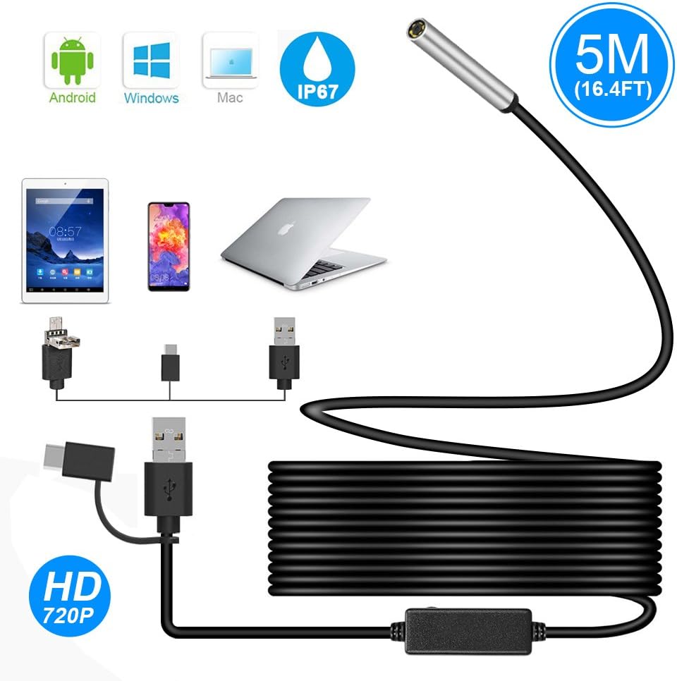 USB Endoscope, Ihong 3 in 1 20M 720P 5.5MM HD Borescope Inspection Camera Waterproof Snake Camera with USB Type-C 6 Adjustable LED Lights Compatible with Android Windows&MacBook OS Computer Laptop