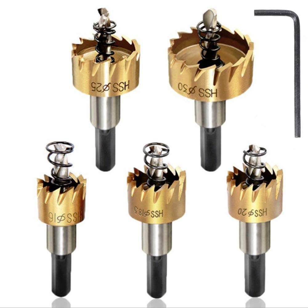 5pcs Hole Saw Set Hole Cutter 16/18.5/20/25/30mm HSS Metal Core Drill Bit Stainless Cobalt Opener Cutting Tool Alloy Silver Spring Design