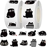 1000 Pcs Black Cats Decor Stickers Bulk 2 Roll 1 Inch,Cute Animal Sticker Pack Book Water Bottles Laptop,Cartoon Cat Meme Stickers for Boys Girls