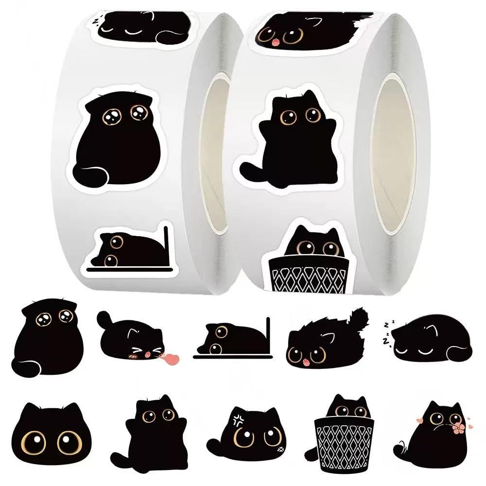 1000 Pcs Black Cats Decor Stickers Bulk 2 Roll 1 Inch,Cute Animal Sticker Pack Book Water Bottles Laptop,Cartoon Cat Meme Stickers for Boys Girls